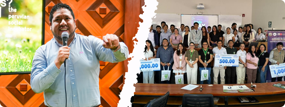 A la izquierda Facilitador presentando en evento, compartiendo conocimientos e impulsando innovación social en la comunidad. A la derecha Grupo de participantes mostrando reconocimientos y financiamiento recibido, reflejando logros y avance en sus proyectos.