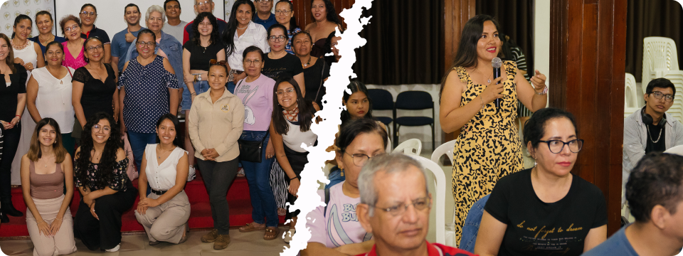 A la izquierda Grupo de participantes reunidos en espacio interior, representando comunidad, colaboración y fortalecimiento colectivo. A la derecha Presentación en evento con facilitación frente a participantes, compartiendo conocimientos y promoviendo intercambio de experiencias.